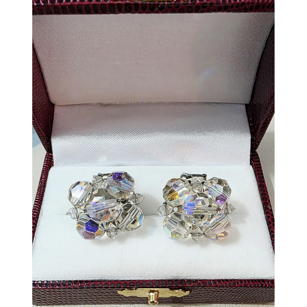 Vintage 1950s AB Crystal Beaded Cluster Clip On Earrings
